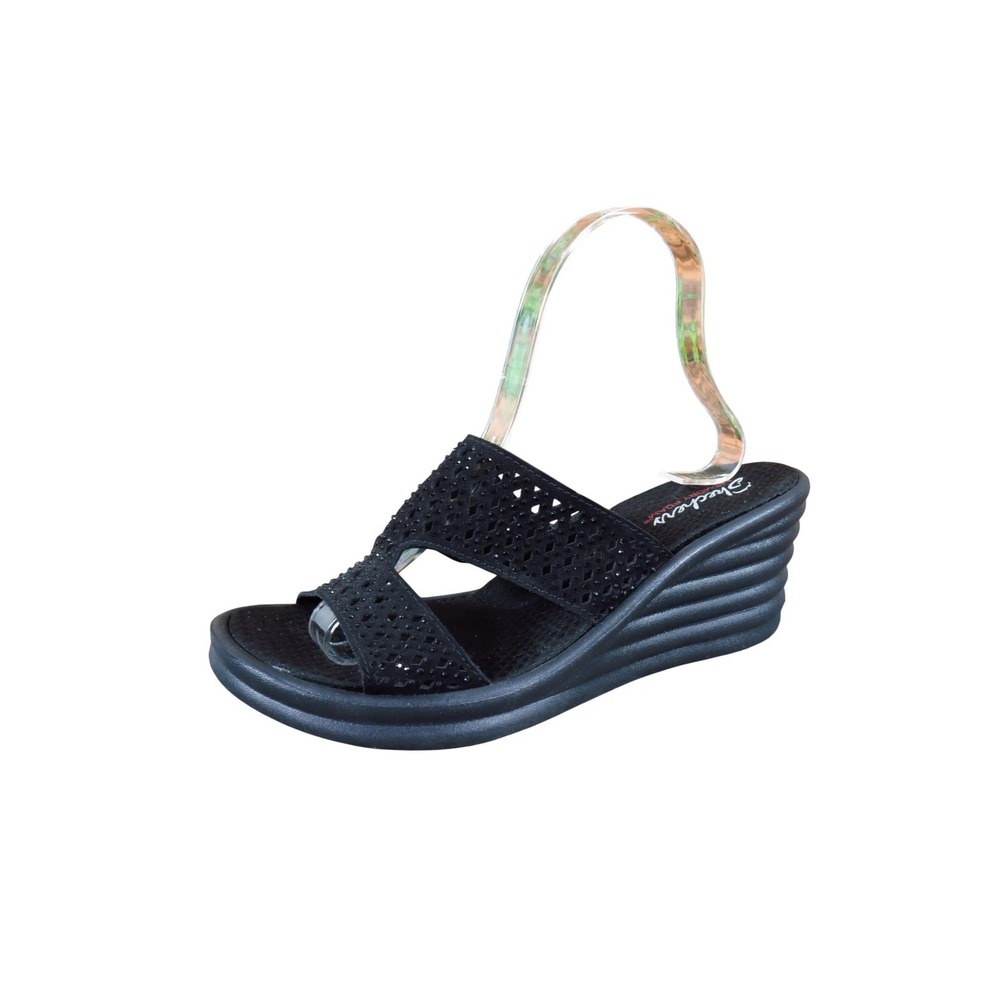 Skechers Rumbler Wave Ibiza Summer Women Slide Sandal 8.5 Walking Black Wedge